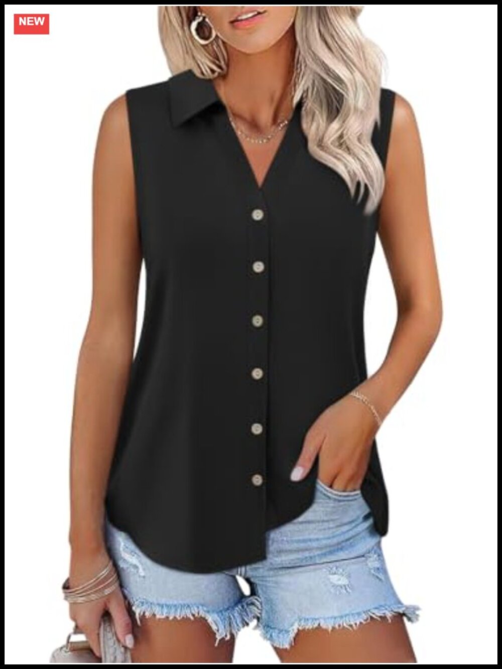 Women's Button Down Tank Top Collared V Neck Sleeveless Business Casual Blouse